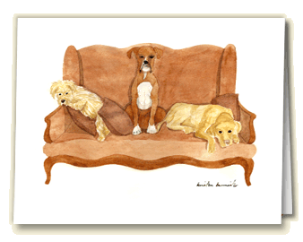 Amelia's Greetings card three dogs on a couch