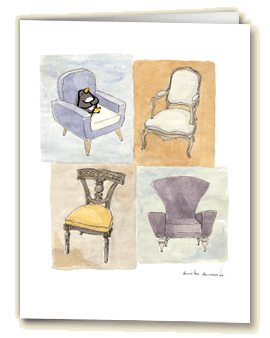 Amelia's Greetings card four chairs with penguin sitting in one