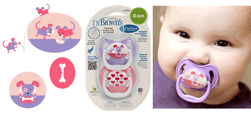 Dr. Brown's baby product dog character design for pacifier
